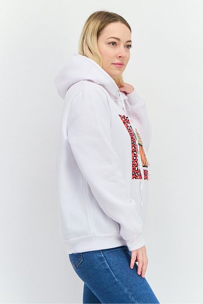Buzz Women Graphic Print Long Sleeves Hoodies, White Combo