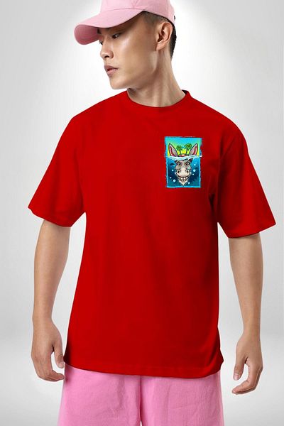 Angemiel Tropical Island Design with Donkey Summer Red Oversize Women's Men's Front Minimal Printed T-Shirt