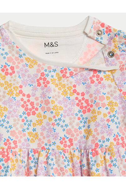 Marks & Spencer Saf Pamuklu Çiçek Desenli Kısa Kollu Elbise (0-3 Yaş)