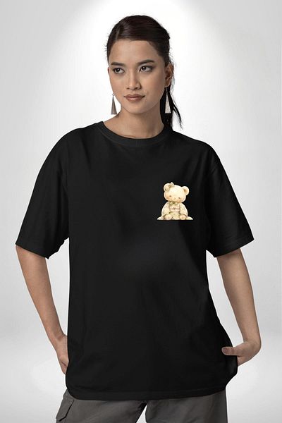 Angemiel Cream Colored Floral Patterned Kimono Sweet Teddy Bear Black Oversize Women's Men's Front Minimal Printed T-Shirt