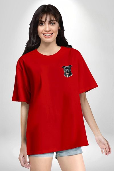 Angemiel Staffordshire Bull Terrier Dog Design Red Oversize Women's Men's Front Minimal Printed T-Shirt