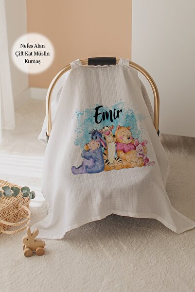 Lilabio %100 Pamuk İsme Özel Çift Katlı Müslin Puset Örtüsü - Winnie The Pooh