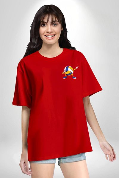 Angemiel Volleyball Ball Dabbing Red Oversize Women's Men's Front Minimal Printed T-Shirt