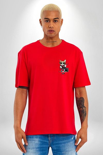 Angemiel Cat Rockstar Music Doesn'T Stop! Cover the Guitar Red Oversize Women's Men's Front Minimal Printed T-Shirt