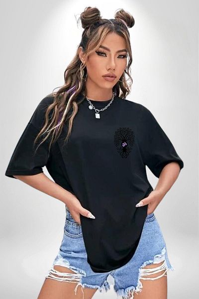 Angemiel Om Symbol and Tree of Life Yoga Black Oversize Women Men Front Minimal Printed T-Shirt