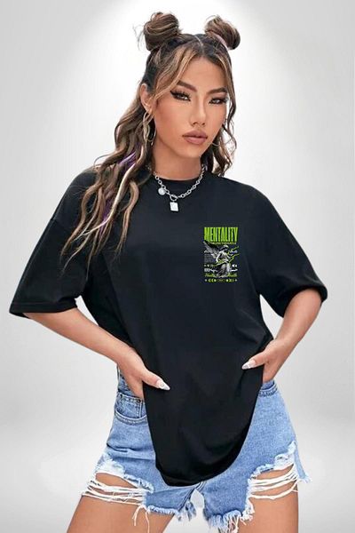 Angemiel Mindset Bustle Written Angel Black Oversize Women's Men's Front Minimal Printed T-Shirt