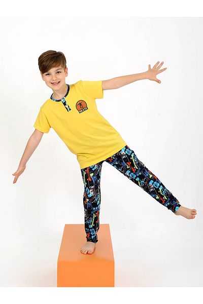 vitmo Boy's Short Sleeve Button Detailed 100% Cotton Pajama Set Skate
