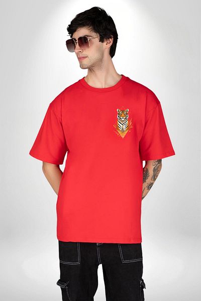 Angemiel تي شيرت Tiger Artistic Red كبير الحجم للنساء والرجال مطبوع من الأمام