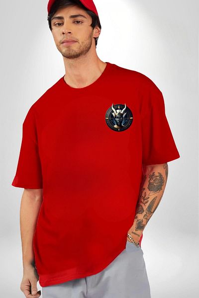 Angemiel Mystical Goddess with Horns Dark Mythology Egyptian Red Oversize Women Men Front Minimal Printed Tee Shirt