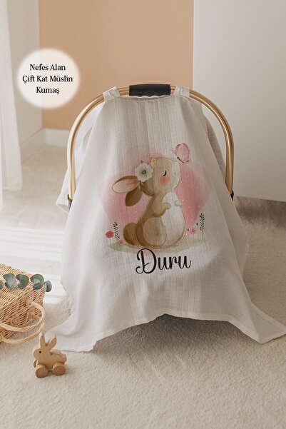 Lilabio %100 Pamuk İsme Özel Çift Katlı Müslin Puset Örtüsü - Tavşan