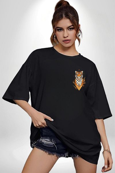 Angemiel Tiger Artistic Black Oversize Women's Men's Front Minimal Printed T-Shirt