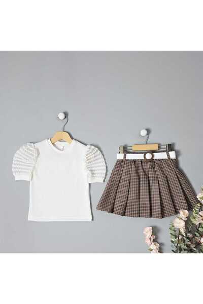 BLR KİDS Girl's Summer Sleeve Detailed Blouse Skirt Bottom Top Set