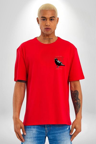 Angemiel Happy Birthday Printed Red Crow Red Oversize Women's Men's Front Minimal Printed T-Shirt