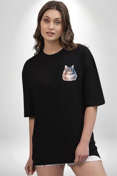Angemiel Norway Forest Cat Lover Black Oversize Women's Men's Front Minimal Printed T-Shirt