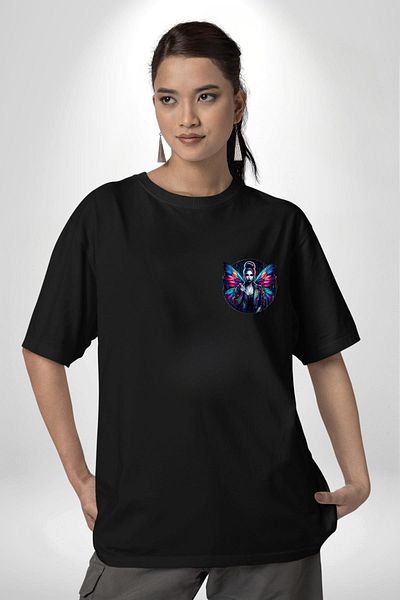 Angemiel Energetic Street Style Winged Design Black Oversize Women's Men's Front Minimal Printed T-Shirt