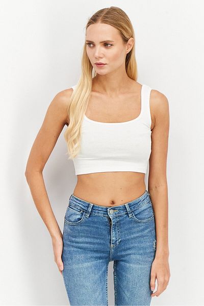 Sinsay Women Square Neck Sleeveless Textured Crop Top, White