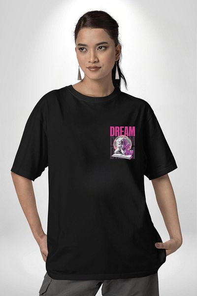 Angemiel Angels' Dream Angel and Dream Black Oversize Women's Men's Front Minimal Printed T-Shirt