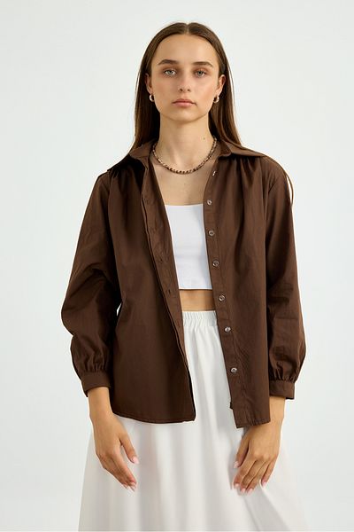 Birgül Bektaş Brown Gathered Poplin Shirt