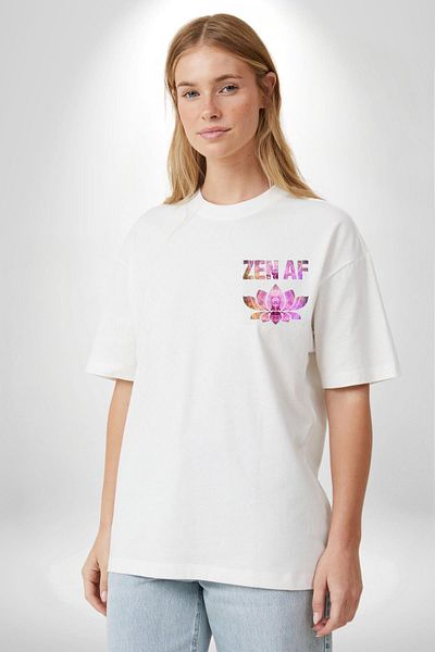 Angemiel تي شيرت ZEN AF يجلب الهدوء إلى روحك بتصميم اليوغا باللون الأبيض كبير الحجم للنساء والرجال مطبوع من الأمام