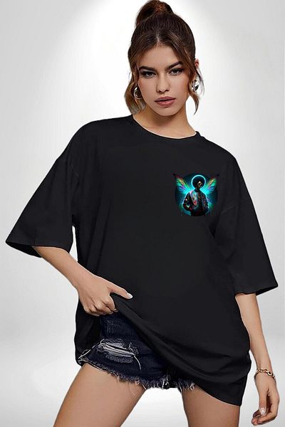Angemiel Modern Men's Black Oversize Women's Men's Front Minimal Printed T-Shirt with Glasses and Wings