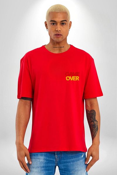 Angemiel Game over Printed Graphic Red Oversize Women's Men's Front Minimal Printed T-Shirt for Game Enthusiasts