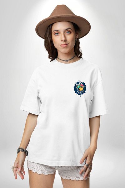 Angemiel Astronaut Carrying Planet Collecting Stars Adventure White Oversize Women Men Front Minimal Printed T-Shirt