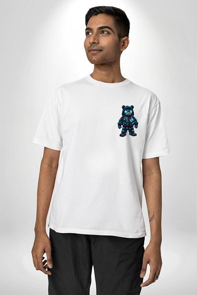 Angemiel Neon Night Glitter Cyberpunk Teddy Bear White Oversize Women's Men's Front Minimal Printed T-Shirt
