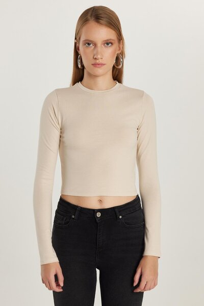 Tudors Women's Slim Fit Cotton Plain Crew Neck Stone Blouse