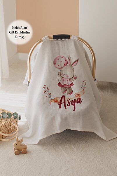 Lilabio %100 Pamuk İsme Özel Çift Katlı Müslin Puset Örtüsü - Tavşan