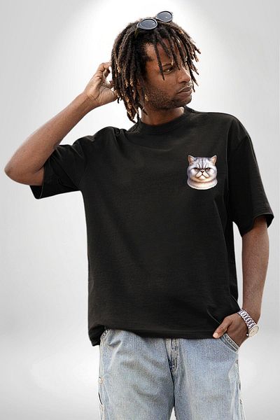 Angemiel Hard Looks This Cat Is Far from Compassion Black Oversize Women Men Front Minimal Printed T-Shirt