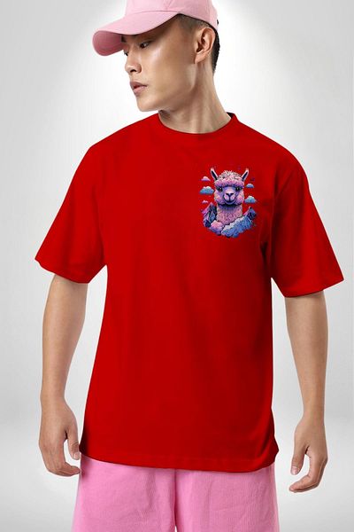 Angemiel Pink Pastel Colored Lama Design Red Oversize Women's Men's Front Minimal Printed T-Shirt