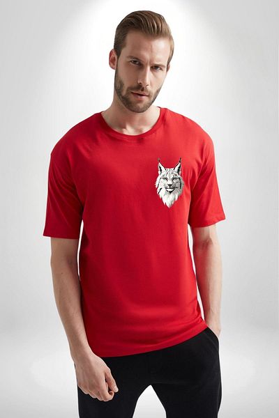 Angemiel Special for Nature and Animal Lovers Lynx Red Oversize Women's Men's Front Minimal Printed T-Shirt