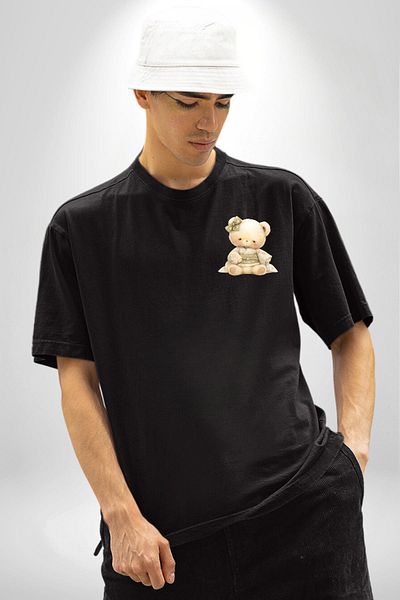 Angemiel Cute Teddy Bear in Pastel Tones Kimono Black Oversize Women Men Front Minimal Printed T-Shirt