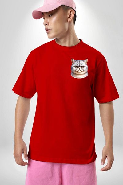 Angemiel Hard Looks This Cat Is Far from Compassion Red Oversize Women Men Front Minimal Printed T-Shirt