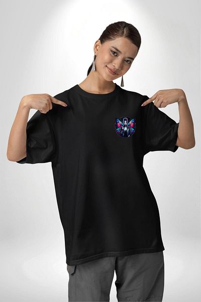 Angemiel Energetic Street Style Winged Design Black Oversize Women's Men's Front Minimal Printed T-Shirt