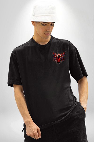 Angemiel Hip Hop Style Red Hooded Winged Men's Black Oversize Women's Men's Front Minimal Printed T-Shirt