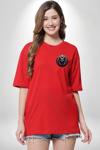 Angemiel Warrior Goddess Pakhet Egyptian Power Symbol Red Oversize Women Men Front Minimal Printed T-Shirt