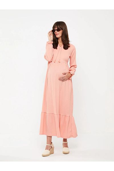 LC Waikiki Lcwaikiki Maternity Coral Tie-Up Neckline Plain Long Sleeve Maternity Dress