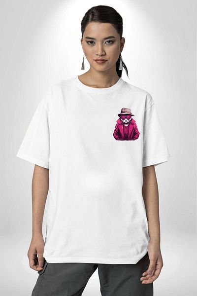 Angemiel Pink Accessory Glasses Cat White Oversize Women's Men's Front Minimal Printed T-Shirt