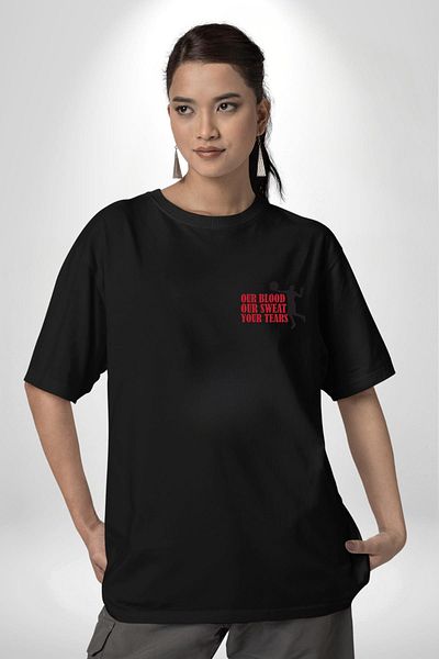 Angemiel Sports and Fighting Blood, Sweat, Tears Black Oversize Women's Men's Front Minimal Printed T-Shirt