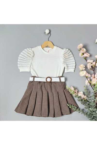 BLR KİDS Girl's Summer Sleeve Detailed Blouse Skirt Bottom Top Set