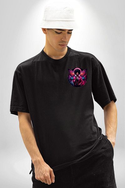 Angemiel Black Oversize Women's Men's Front Minimal Printed T-Shirt with Pink Shiny Wings