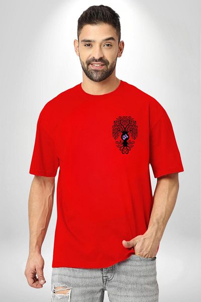 Angemiel تي شيرت Om Symbol and Tree of Life Yoga باللون الأحمر كبير الحجم للنساء والرجال مطبوع من الأمام