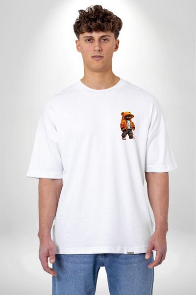 Angemiel Hip Hop Orange Hooded Urban Style Teddy Bear White Oversize Women Men Front Minimal Printed T-Shirt