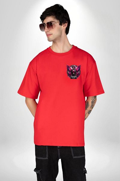 Angemiel تي شيرت Boombox and Bright Wings Design باللون الأحمر كبير الحجم للنساء والرجال مطبوع من الأمام