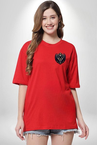 Angemiel Montu God of War and Vitality Egyptian Red Oversize Women's Men's Front Minimal Printed T-Shirt