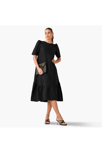 2Xtremz Textured A-Line Midi Dress with Puff Sleeves
