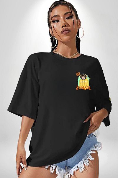 Angemiel Stay Cool Fun Monkey Graphic Black Oversize Women Men Front Minimal Printed T-Shirt