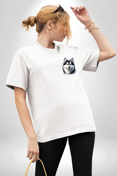 Angemiel Strong Siberian Husky Dog Large Breed White Oversize Women Men Front Minimal Printed T-Shirt