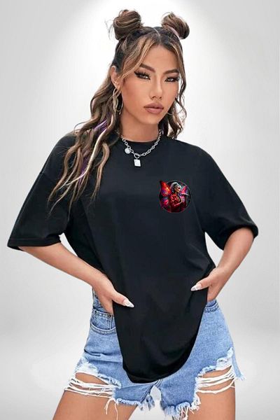 Angemiel Neon Butterfly Wings Microphone Young Girl Black Oversize Women Men Front Minimal Printed T-Shirt